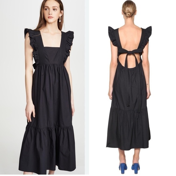 Self-Portrait Poplin Midi Dress 2 Black Square Neck Ruffles Boho Open Back - Picture 11 of 11